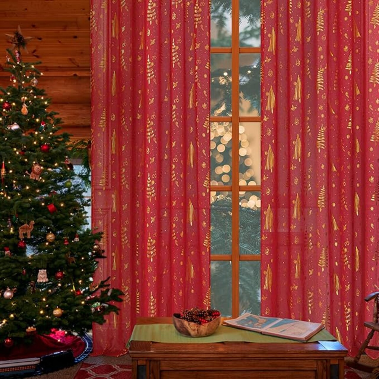 Christmas Sheer Curtains 63 Inch Length for Living Room 2 Panels Set, Rod Pocket Curtains & Drapes Window Treatments for Bedroom, Xmas Decorations, Holiday Decor, Red